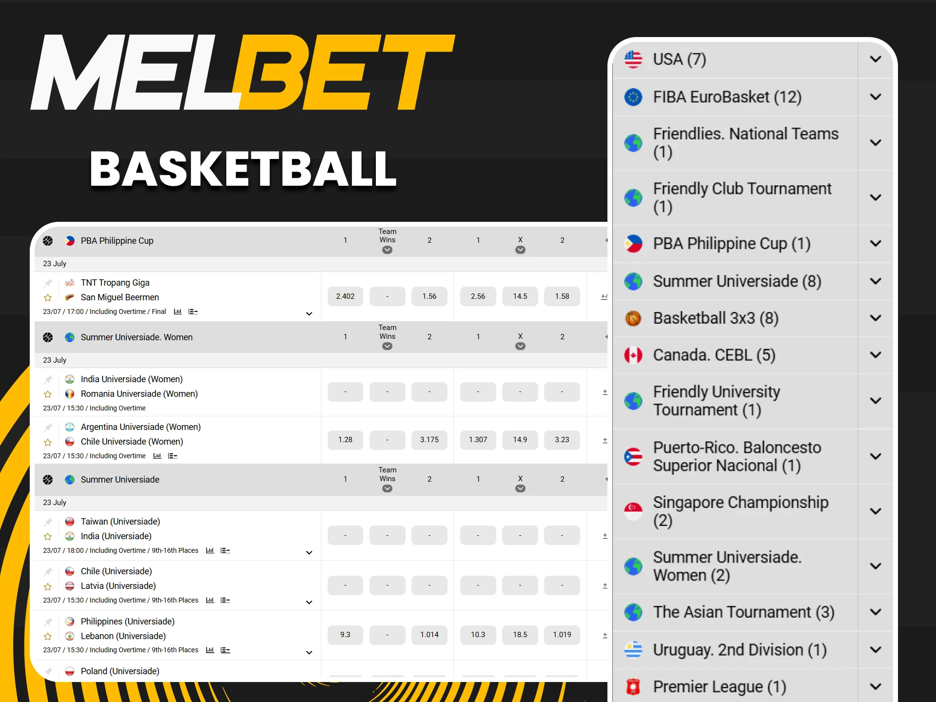 Feel the adrenaline and cheer for your team by betting on basketball games at MelBet Casino.