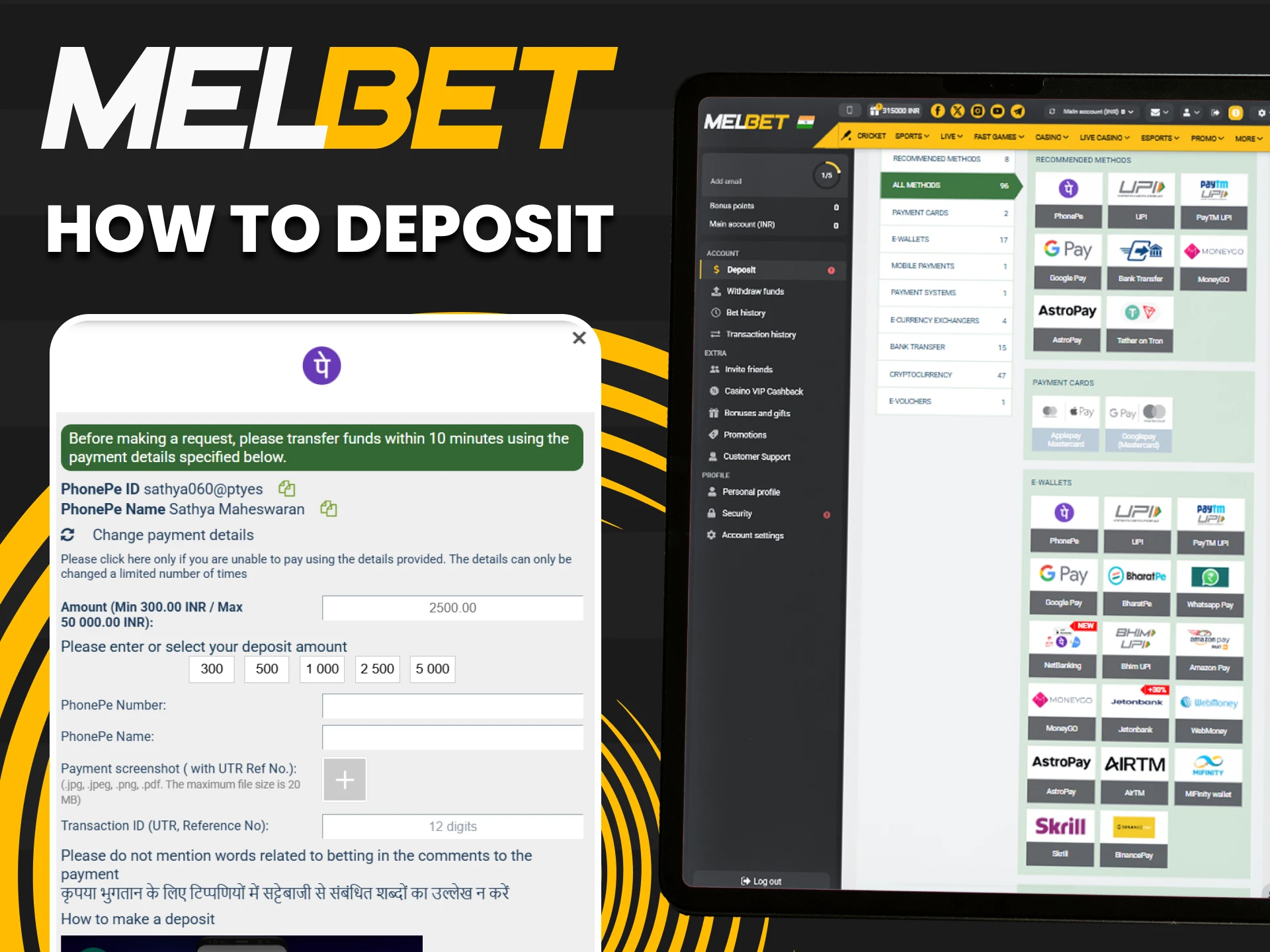 Deposit safely via MelBet by selecting your payment method and confirming.