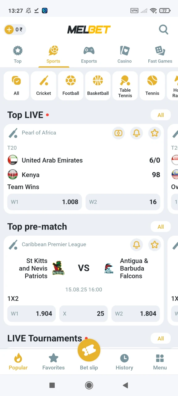 Open MelBet's sportsbook, choose a sport and match, then click on your predicted outcome.