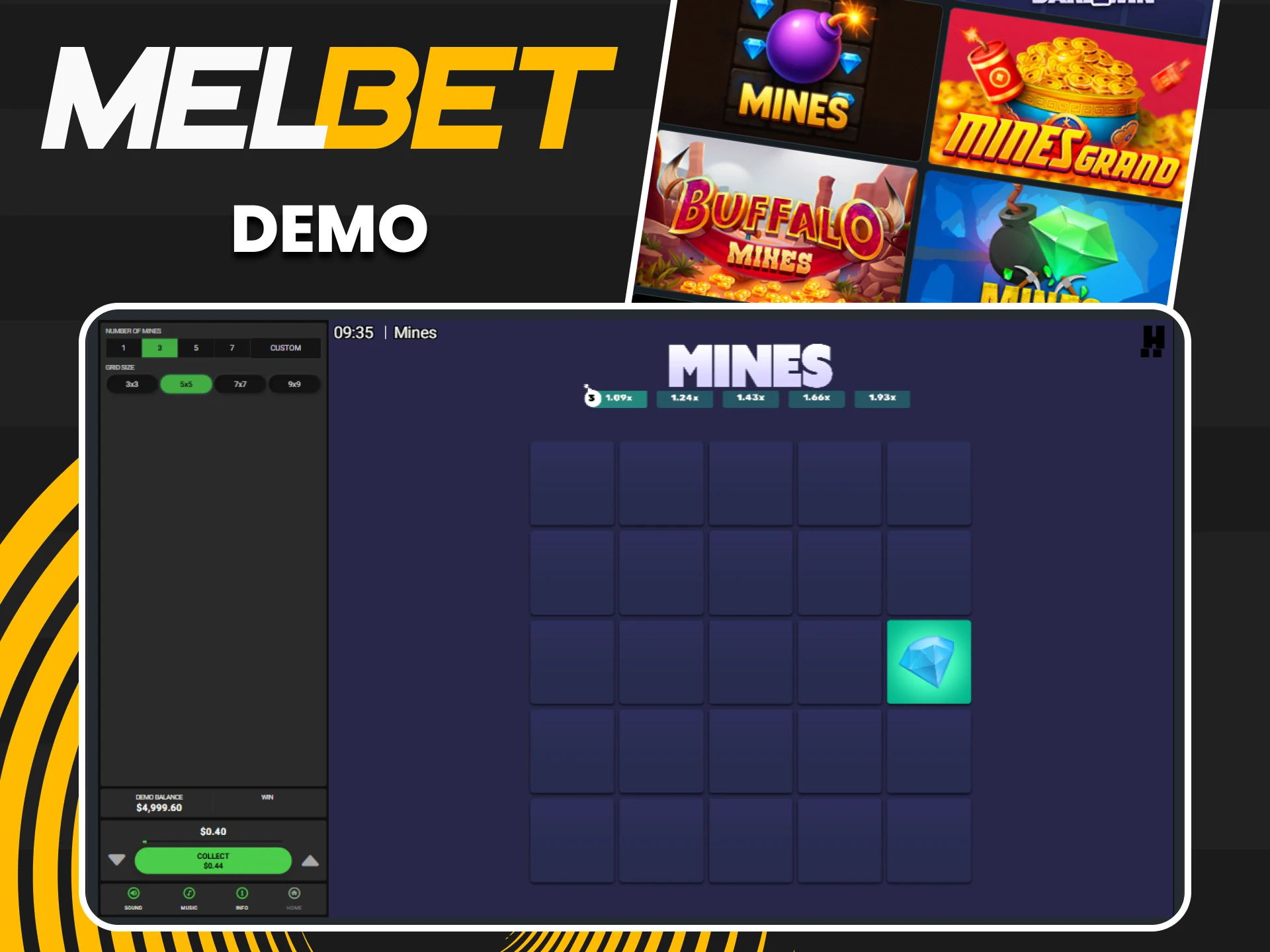 Practice in the demo version of the game Mines on Melbet.