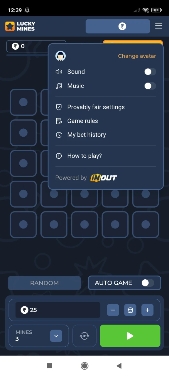 Explore the menu of the game Mines on Melbet.