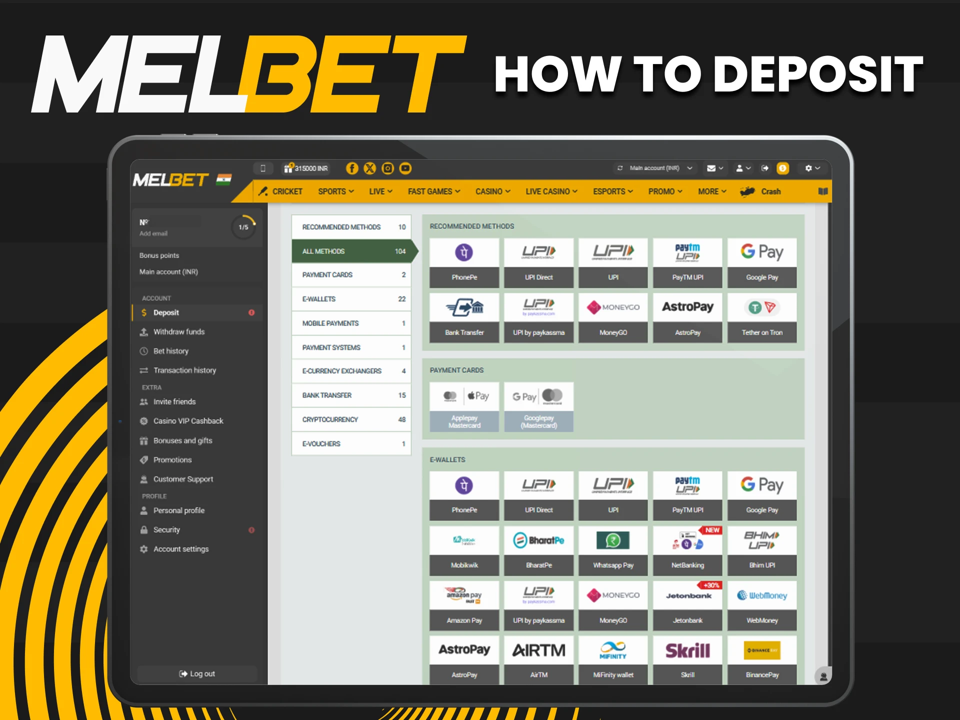 Top up your deposit in a convenient way on Melbet.