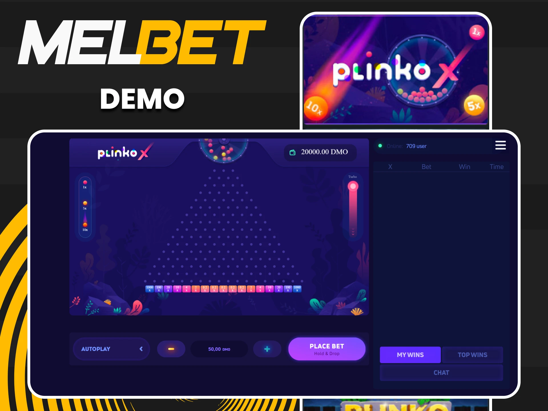 Try yourself in the demo version of the game Plinko from Melbet.
