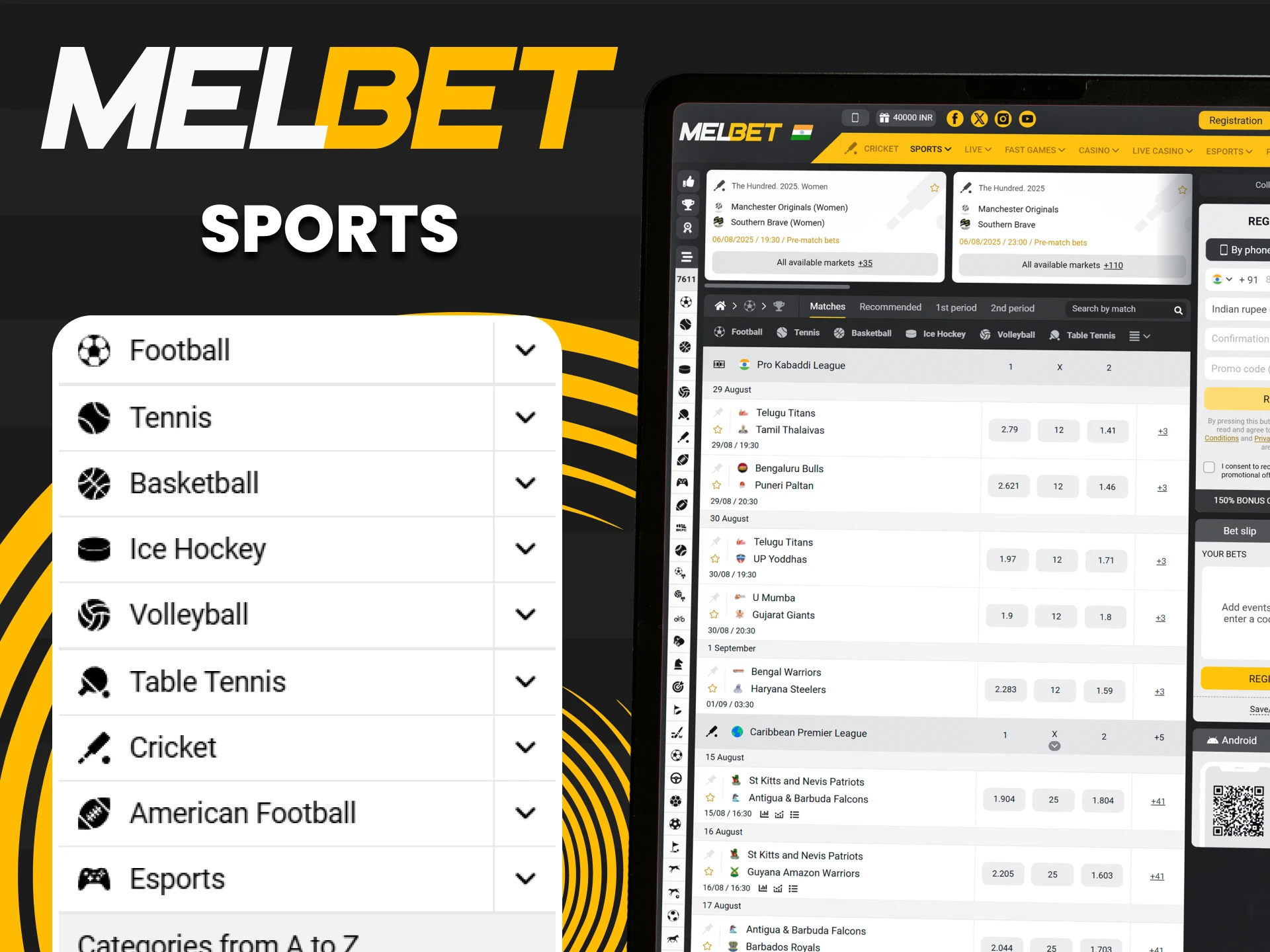 Choose sports from Melbet for betting.