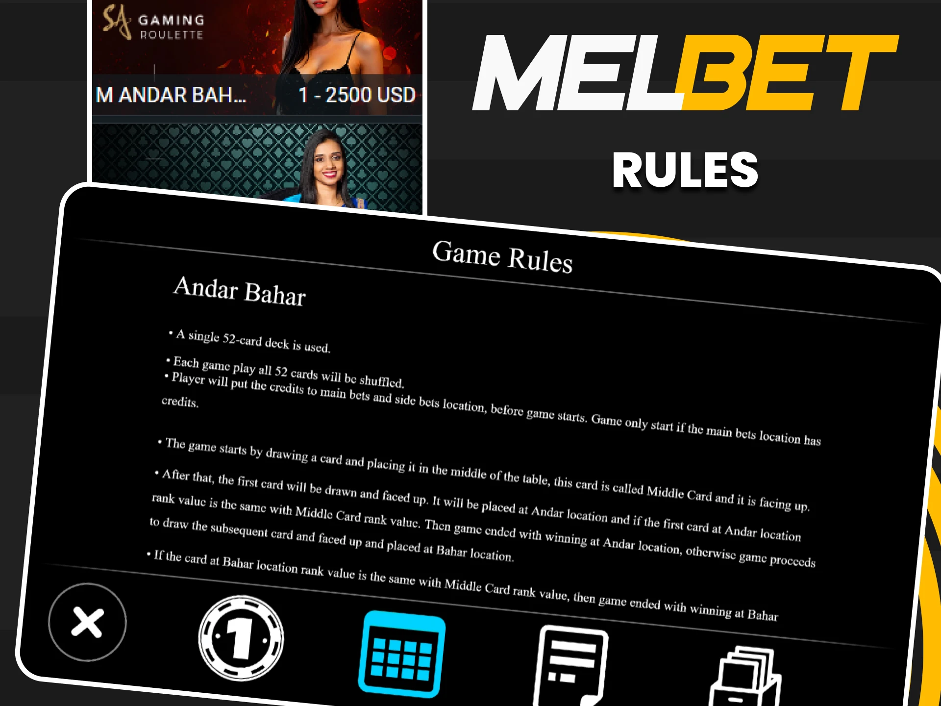Before playing Andar Bahar, we recommend that you study the rules on Melbet.