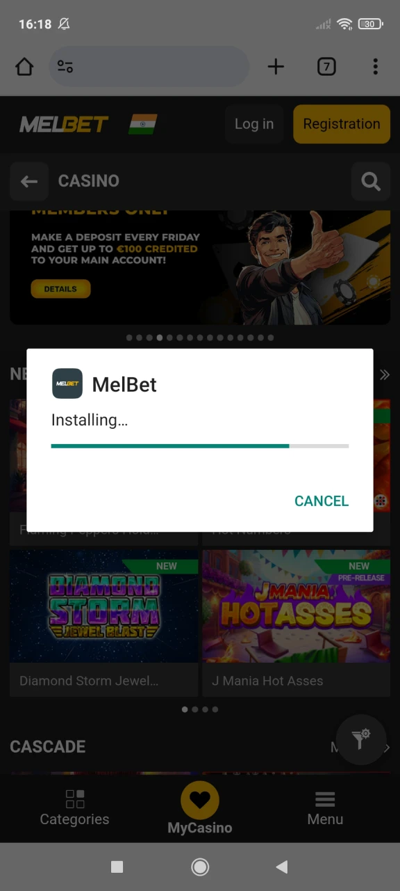 Complete the installation of the Melbet application for Android.