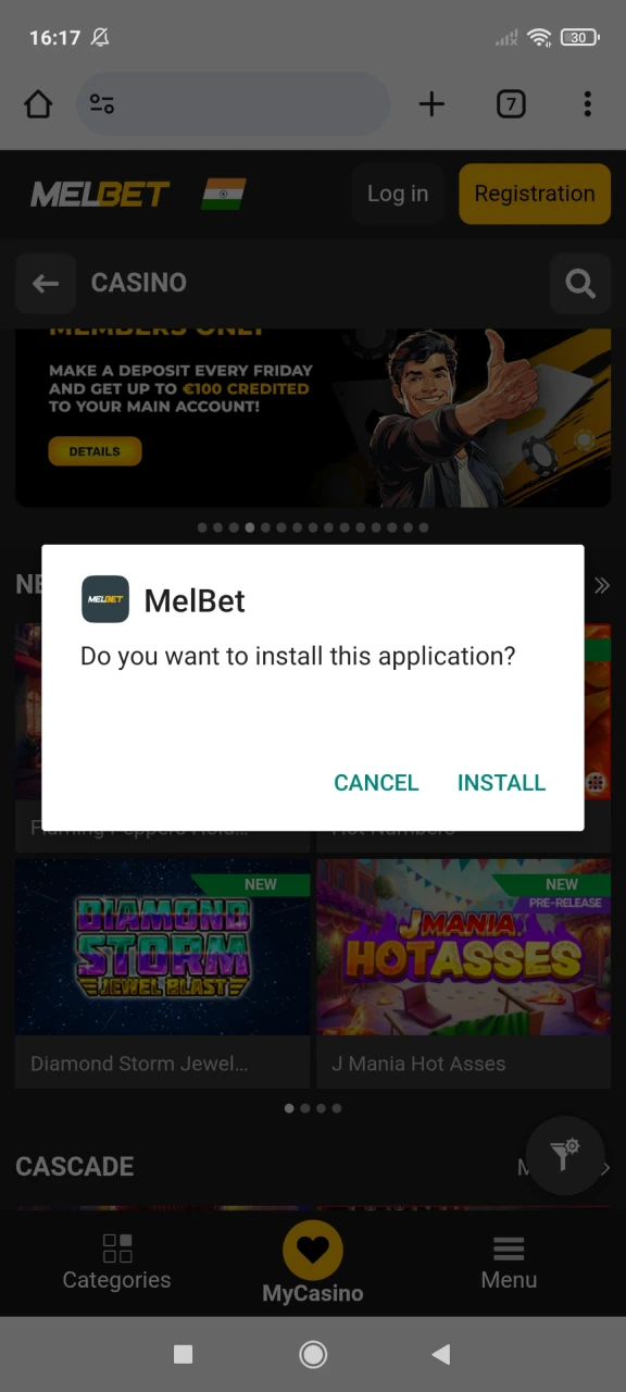Start installing the Melbet app for Android.