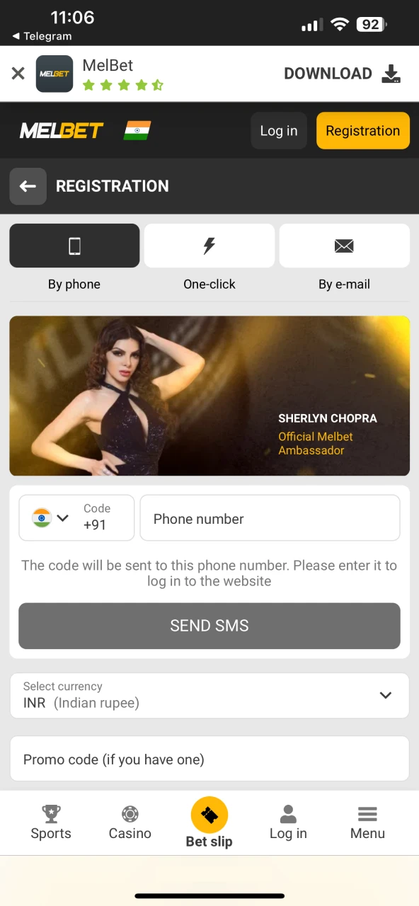 Register to download the Melbet app on iOS.