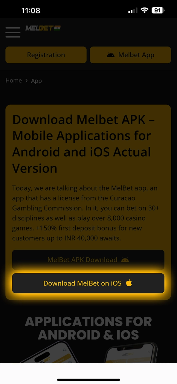 Find the Download MelBet button on iOS.