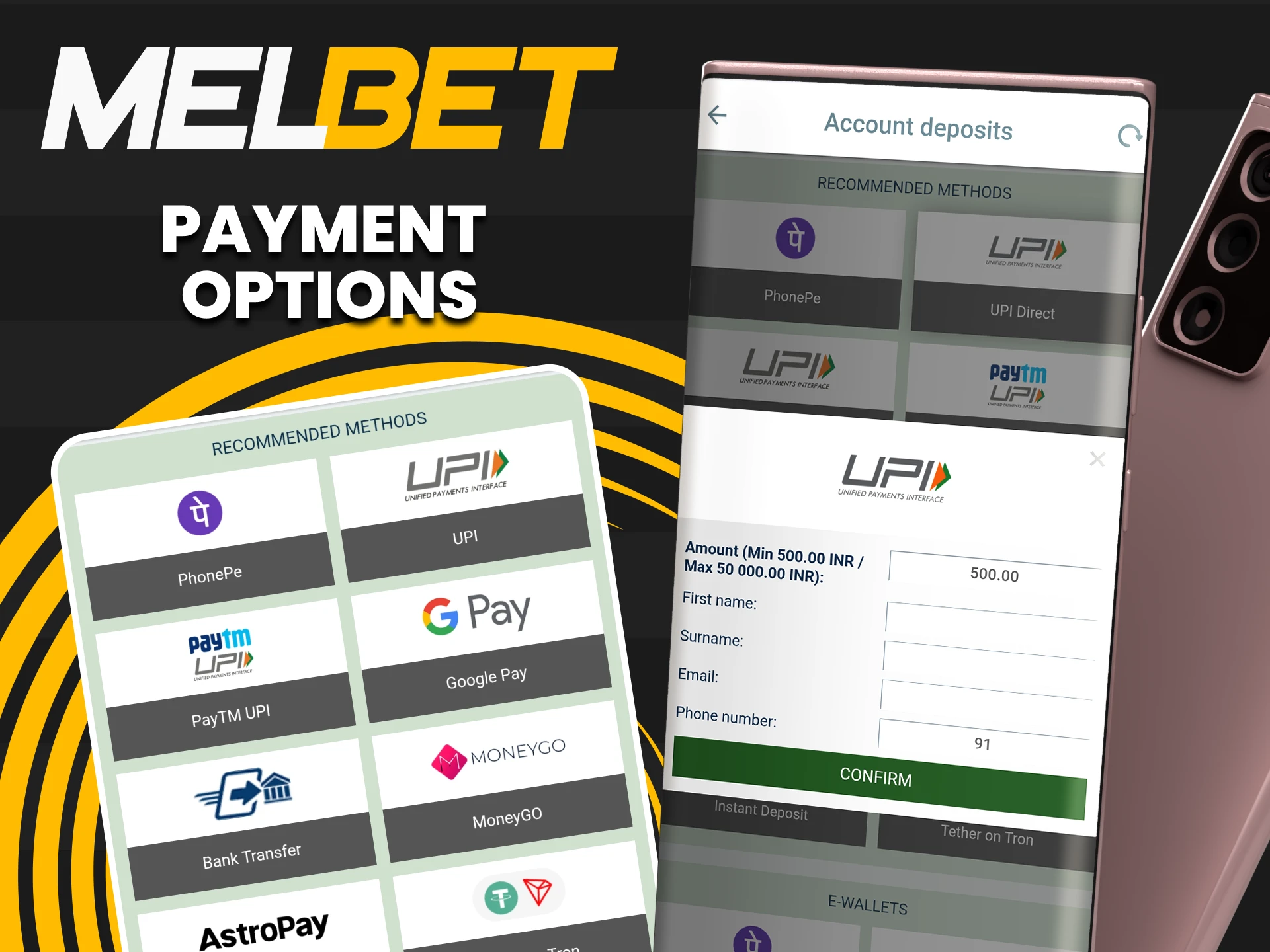 You will find many ways to pay in the Melbet application.