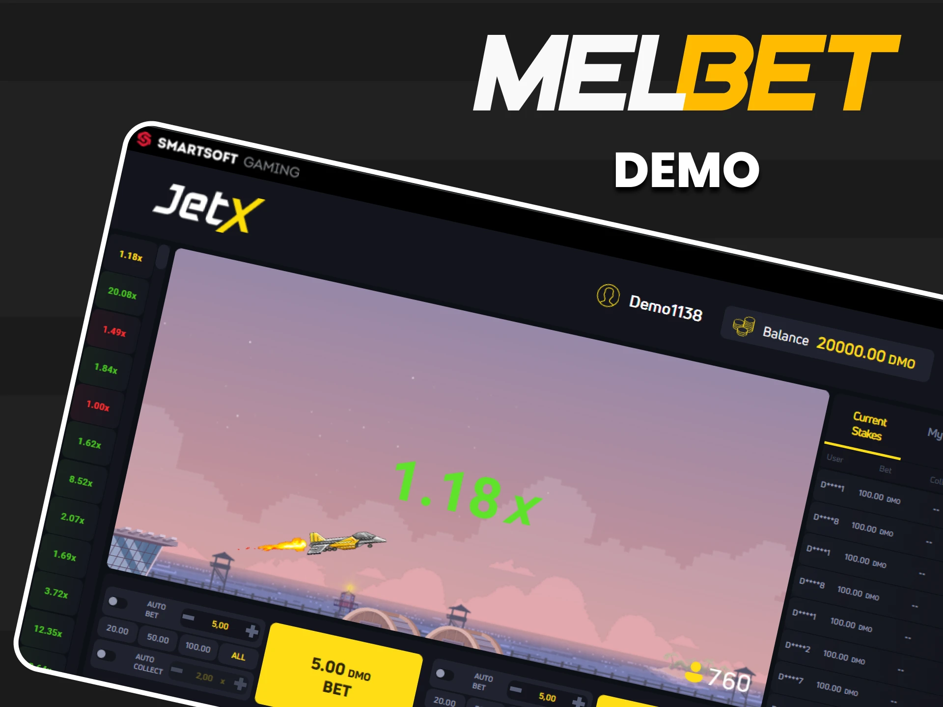 Practice in the demo version of the JetX game on the Melbet website.