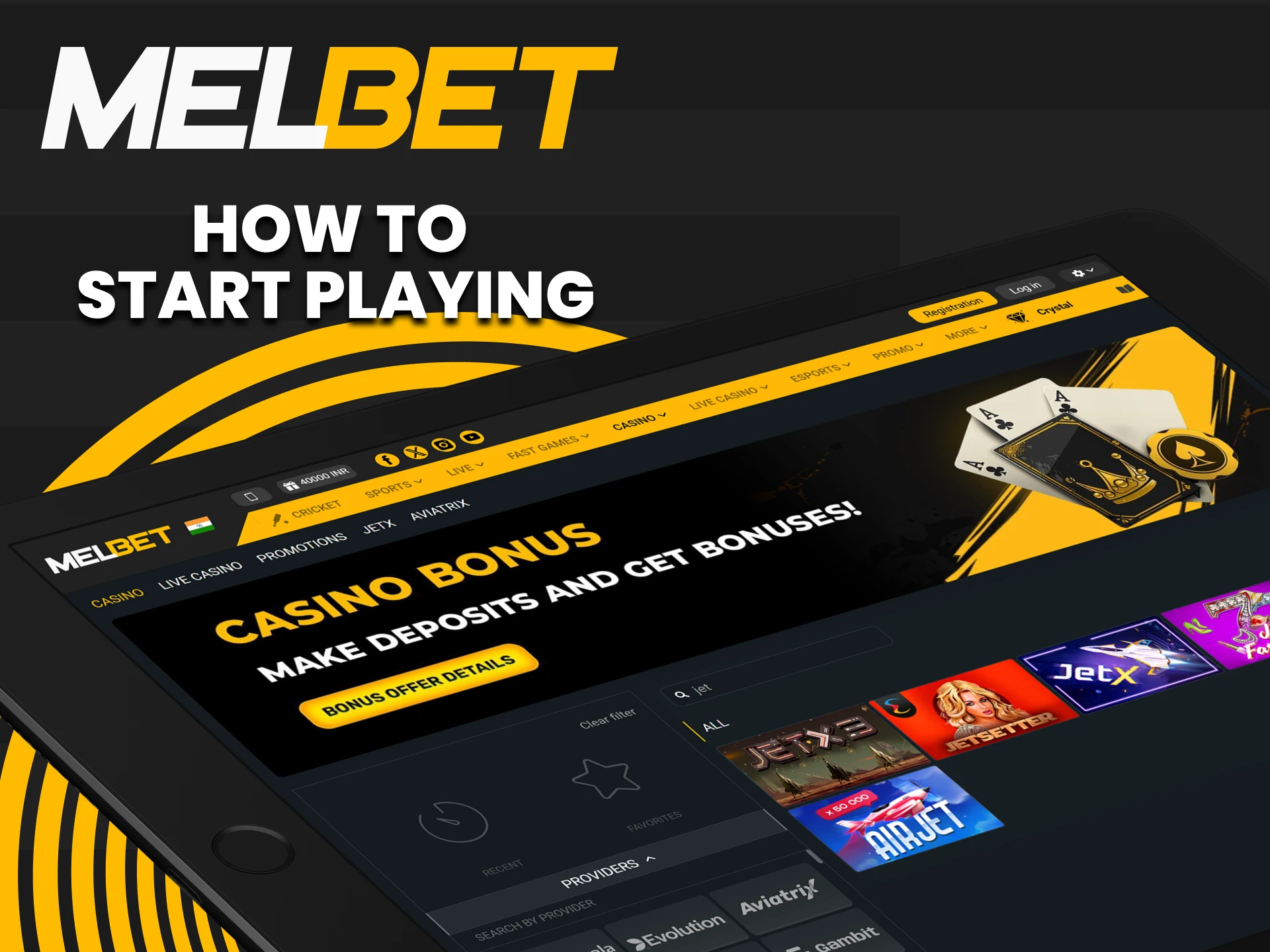 Open the Melbet casino section to play JetX.