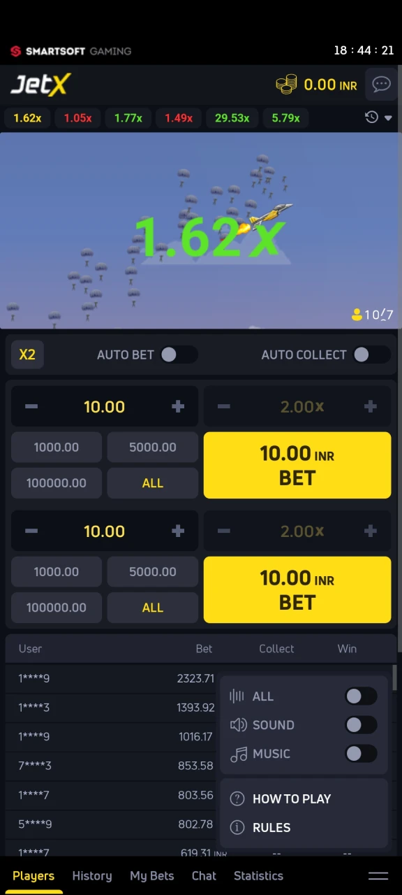 Open the menu in the JetX game from Melbet.