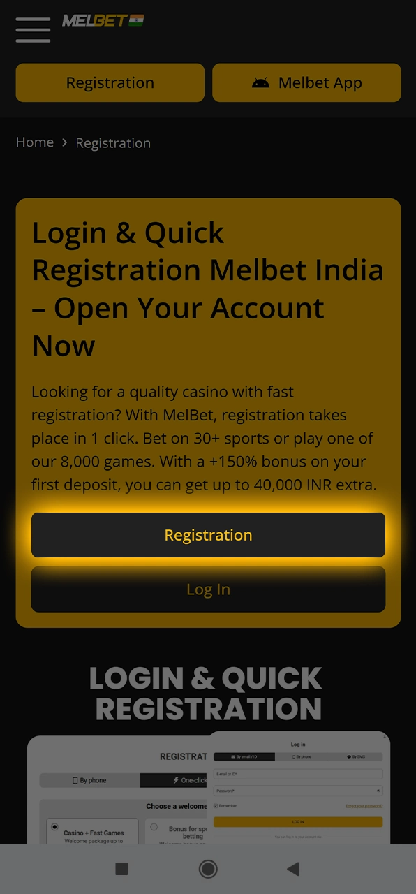 Click the button to start registering on MelBet.